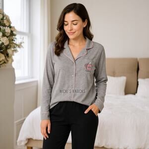 Life is Good Microfleece Coffee Mug Pajama Shirt Gray Button Front Size XL